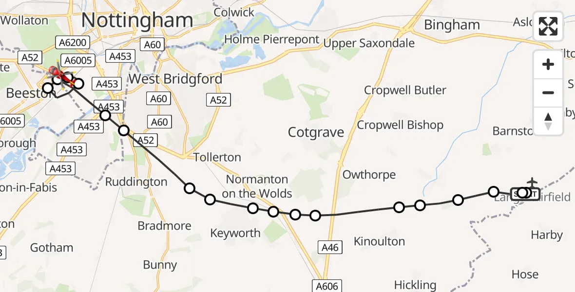 Flight route Air Ambulance Helicopter Langar Airfield - Beeston, 07 August 2026, 17:08