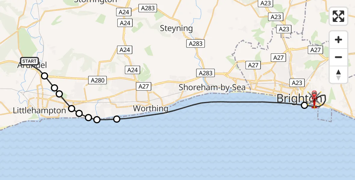 Flight route Air Ambulance Helicopter Arundel - Brighton, 07 August 2026, 17:22