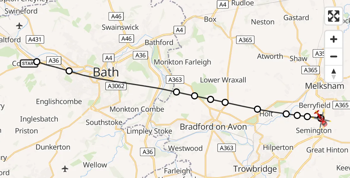 Flight route Air Ambulance Helicopter Corston - Wiltshire Air Ambulance, 07 August 2026, 17:23