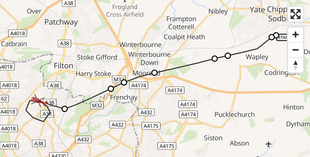 Flight route Air Ambulance Helicopter Wapley - Bristol, 07 August 2026, 17:23
