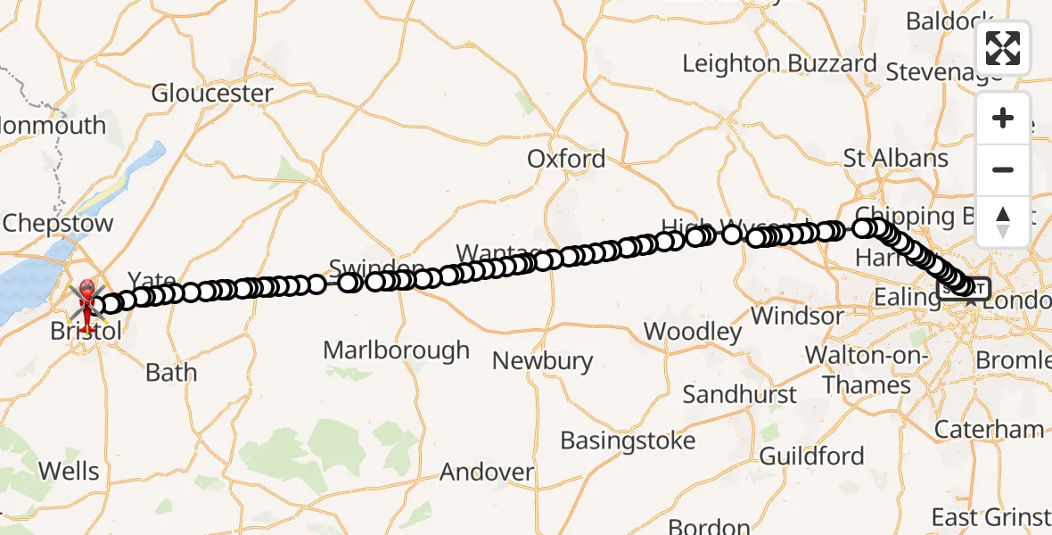 Flight route Air Ambulance Helicopter Chalk Farm - Bristol, 07 August 2026, 17:31