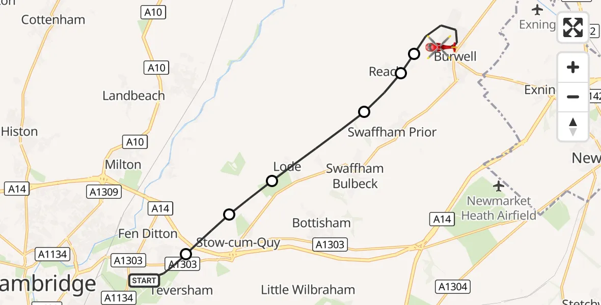 Flight route Air Ambulance Helicopter Cambridge City Airport - Burwell, 07 August 2026, 17:45