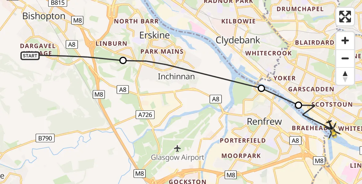 Flight route Police Helicopter Bishopton - Glasgow, 07 August 2026, 17:46