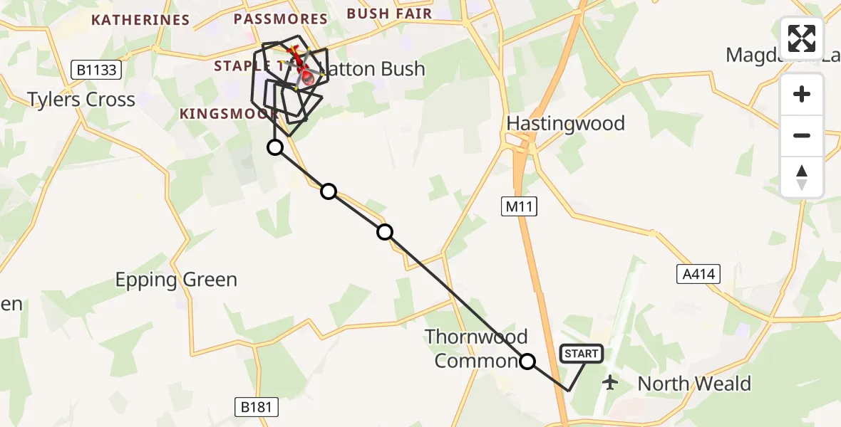 Flight route Air Ambulance Helicopter North Weald Airfield - Harlow, 07 August 2026, 17:52