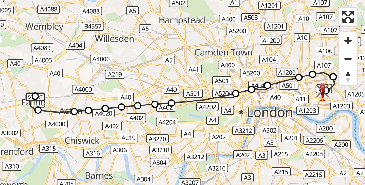 Flight route Air Ambulance Helicopter Ealing - Royal London Hospital, 07 August 2026, 17:53