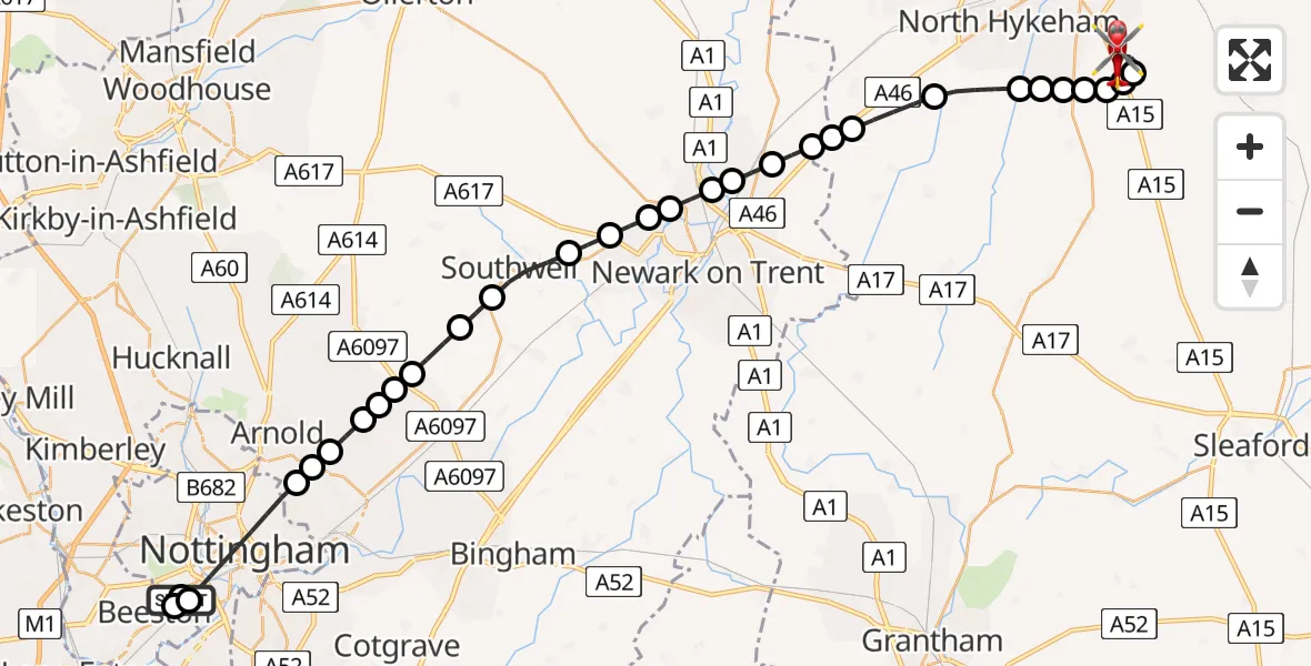 Flight route Air Ambulance Helicopter City of Nottingham - North Kesteven, 07 August 2026, 17:55