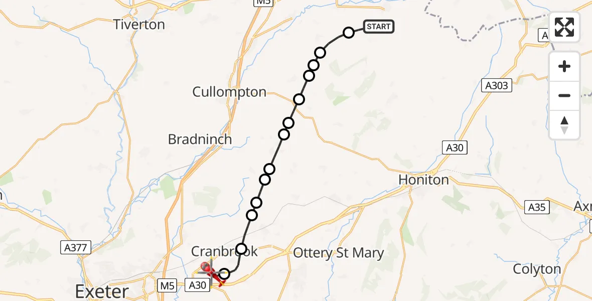 Flight route Air Ambulance Helicopter Hemyock - Exeter International Airport, 07 August 2026, 17:59