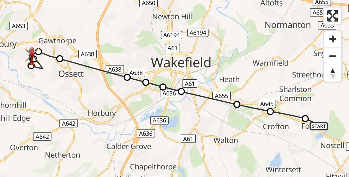 Flight route Air Ambulance Helicopter YAA Nostell Helicopter Port - Dewsbury, 07 August 2026, 18:06