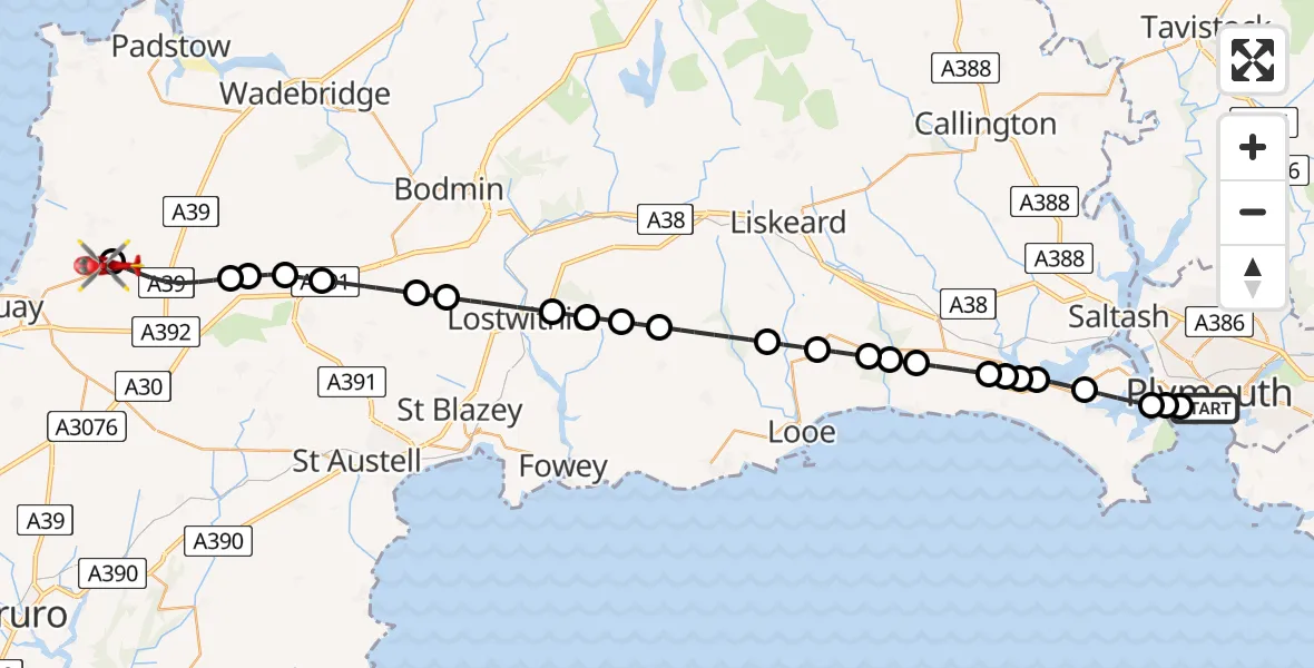Flight route Air Ambulance Helicopter West Hoe - Cornwall Airport Newquay, 07 August 2026, 18:08