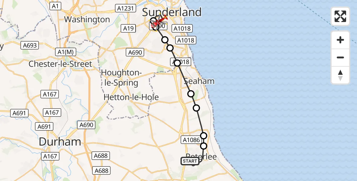 Flight route Air Ambulance Helicopter Peterlee - High Barnes, 07 August 2026, 18:09