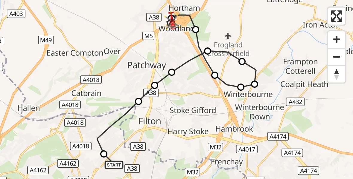 Flight route Air Ambulance Helicopter Southmead Hospital - Almondsbury Helicopter Base, 07 August 2026, 18:10