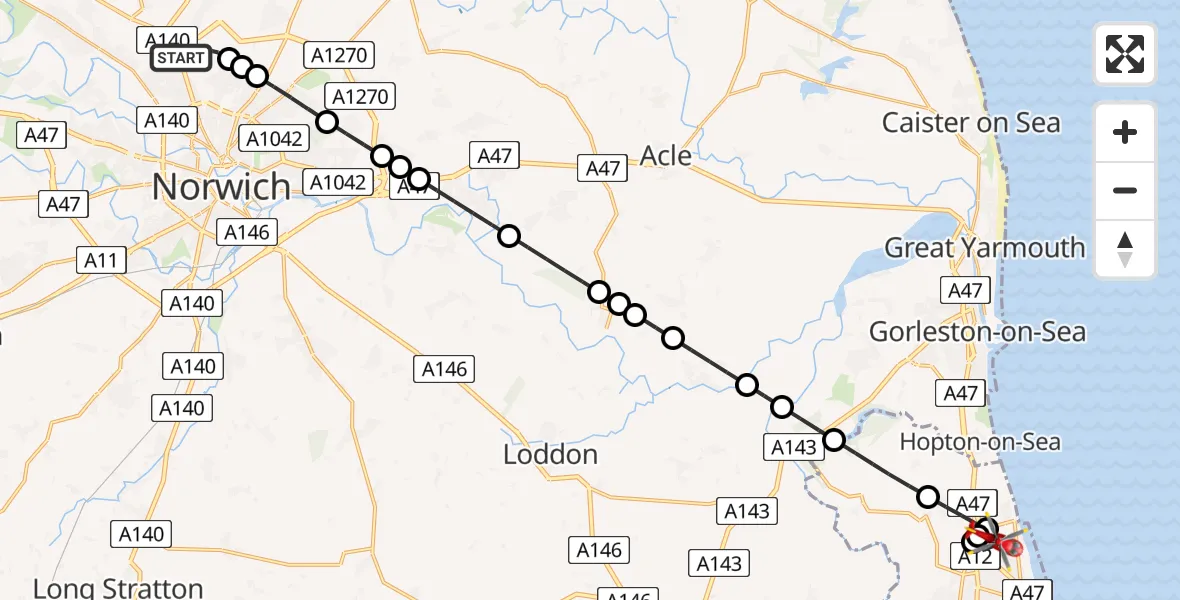 Flight route Air Ambulance Helicopter Norwich Airport - Corton, 07 August 2026, 18:14