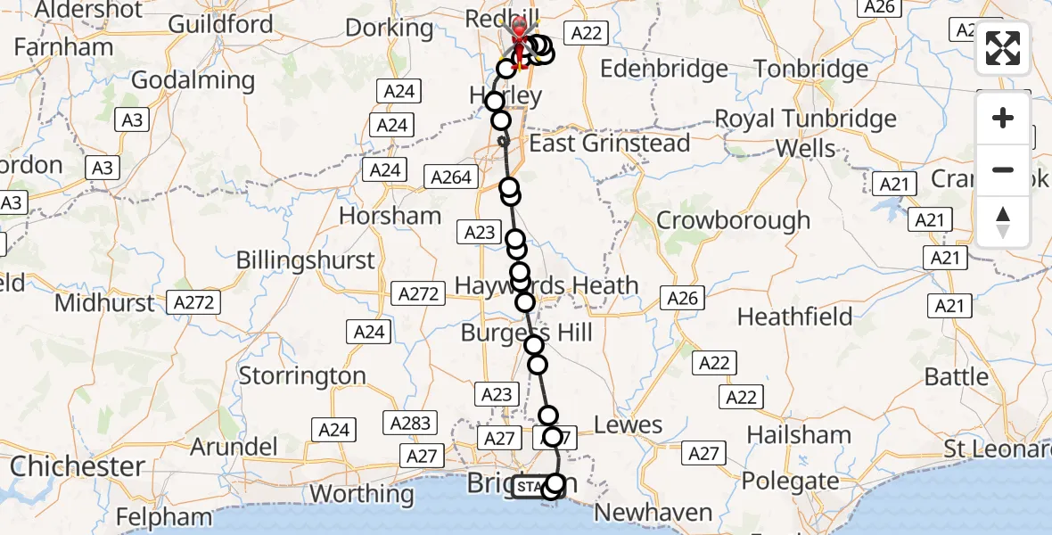 Flight route Air Ambulance Helicopter Brighton - Redhill Aerodrome, 07 August 2026, 18:17