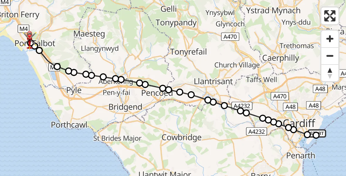 Flight route Air Ambulance Helicopter Cardiff Heliport - Aberavon, 07 August 2026, 18:19