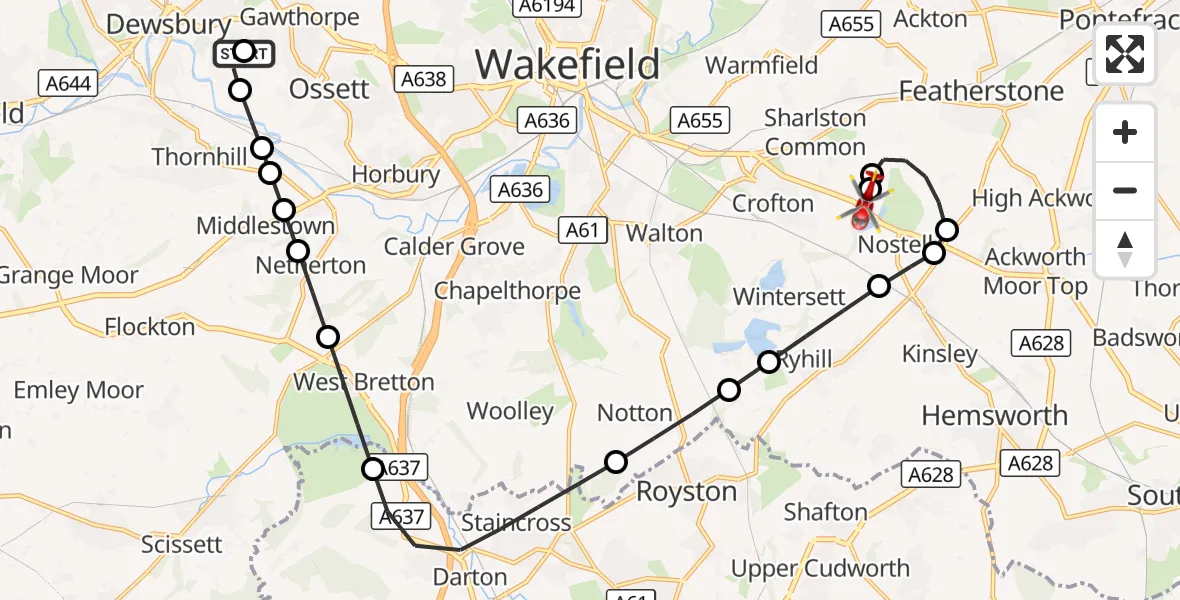 Flight route Air Ambulance Helicopter Dewsbury - YAA Nostell Helicopter Port, 07 August 2026, 18:24