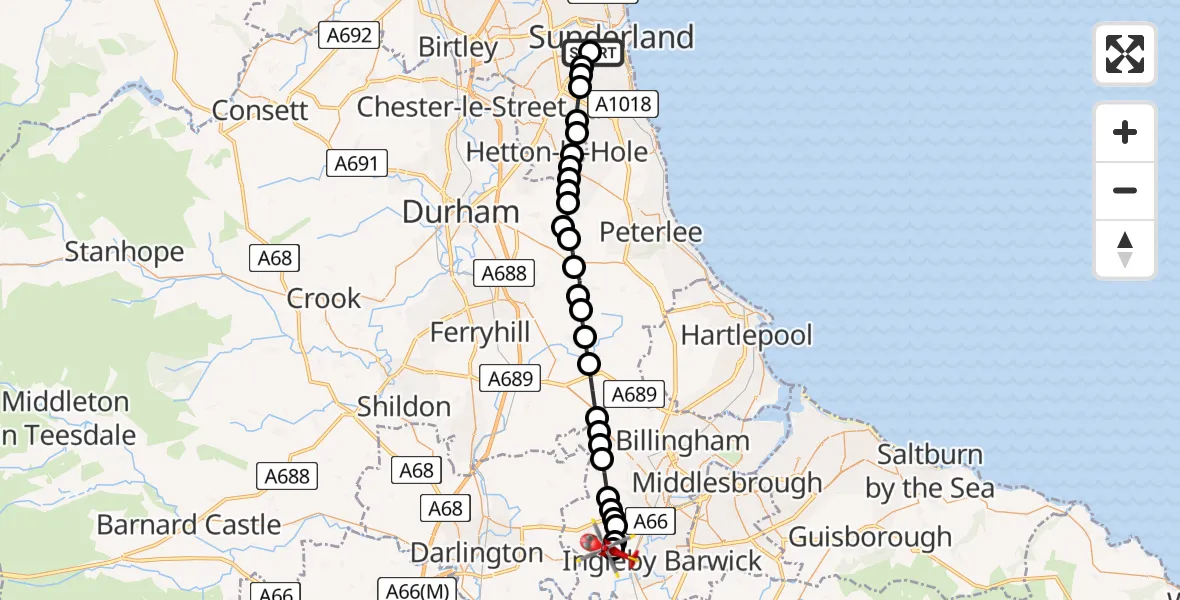 Flight route Air Ambulance Helicopter High Barnes - Egglescliffe, 07 August 2026, 18:26