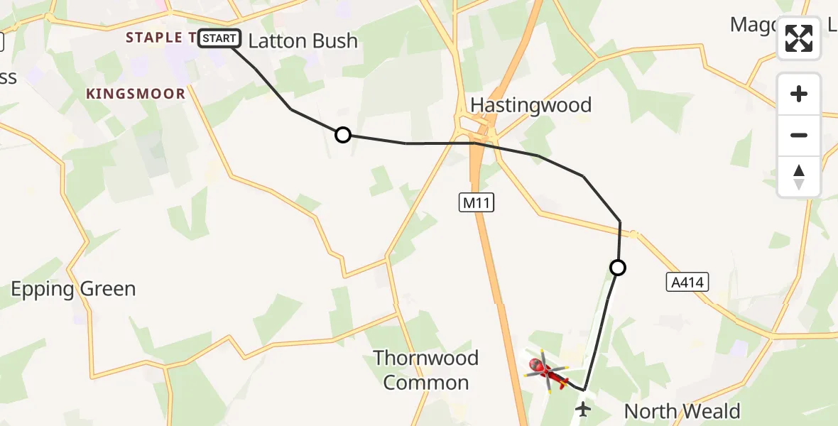 Flight route Air Ambulance Helicopter Harlow - North Weald Airfield, 07 August 2026, 18:35