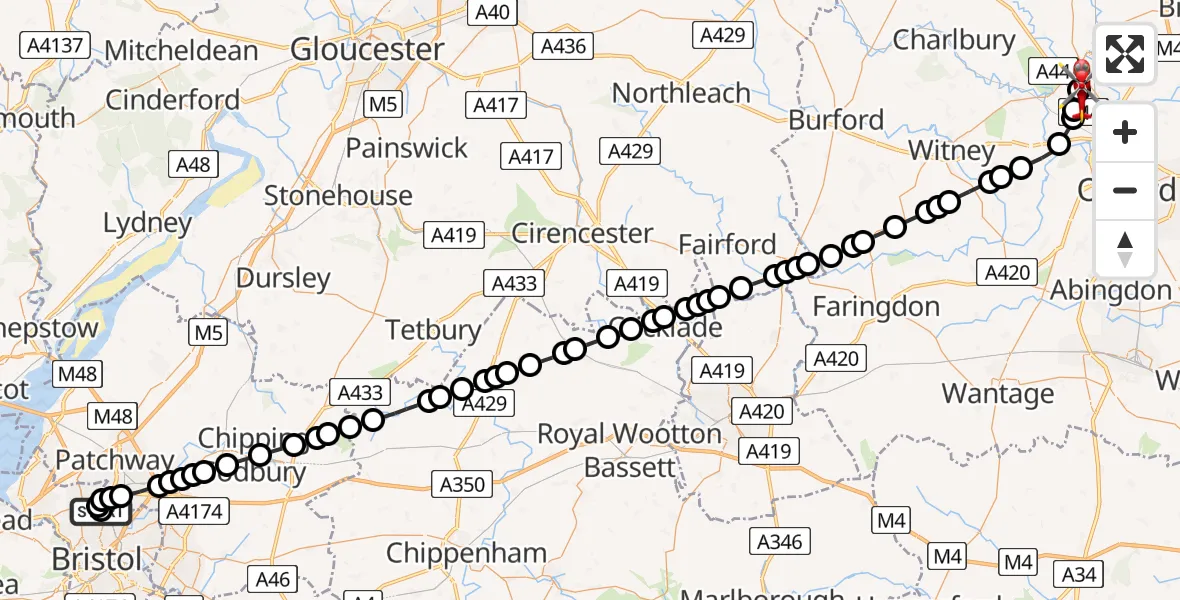 Flight route Air Ambulance Helicopter Southmead Hospital - London Oxford Airport, 07 August 2026, 18:41