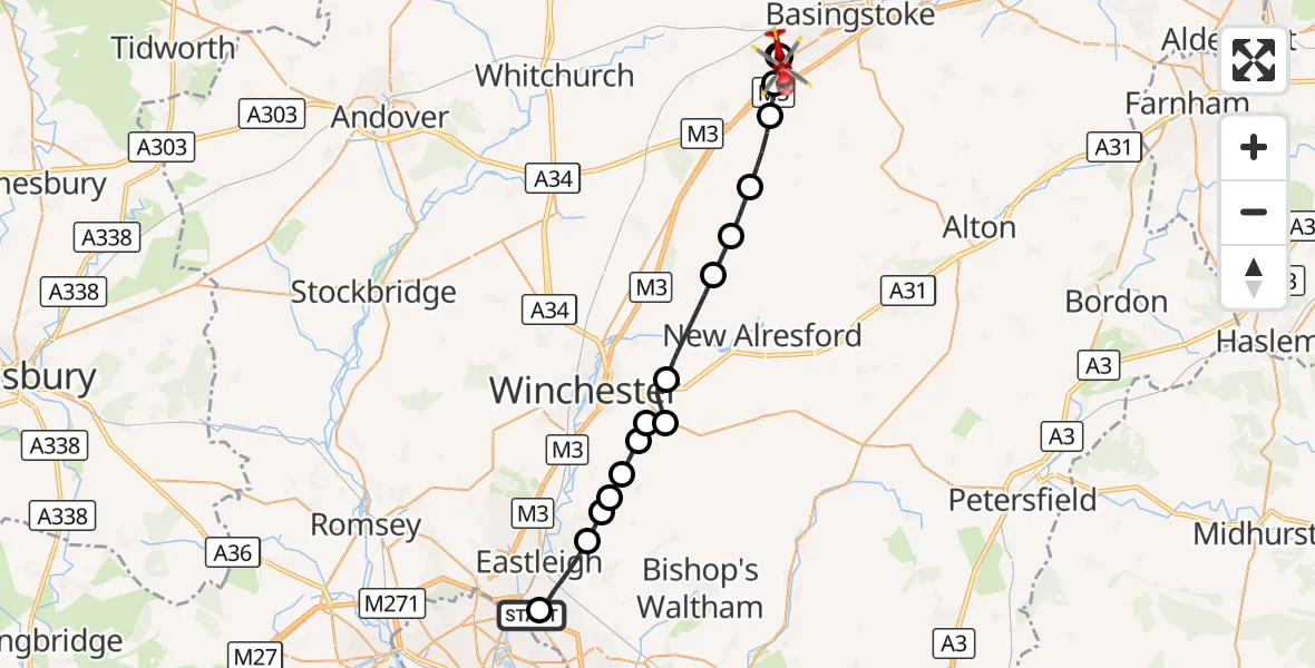 Flight route Air Ambulance Helicopter Southampton Airport - Basingstoke, 07 August 2026, 18:49