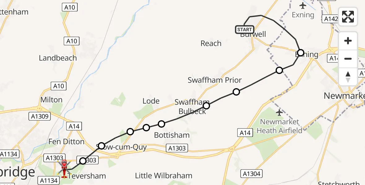 Flight route Air Ambulance Helicopter Burwell - Cambridge City Airport, 07 August 2026, 19:10