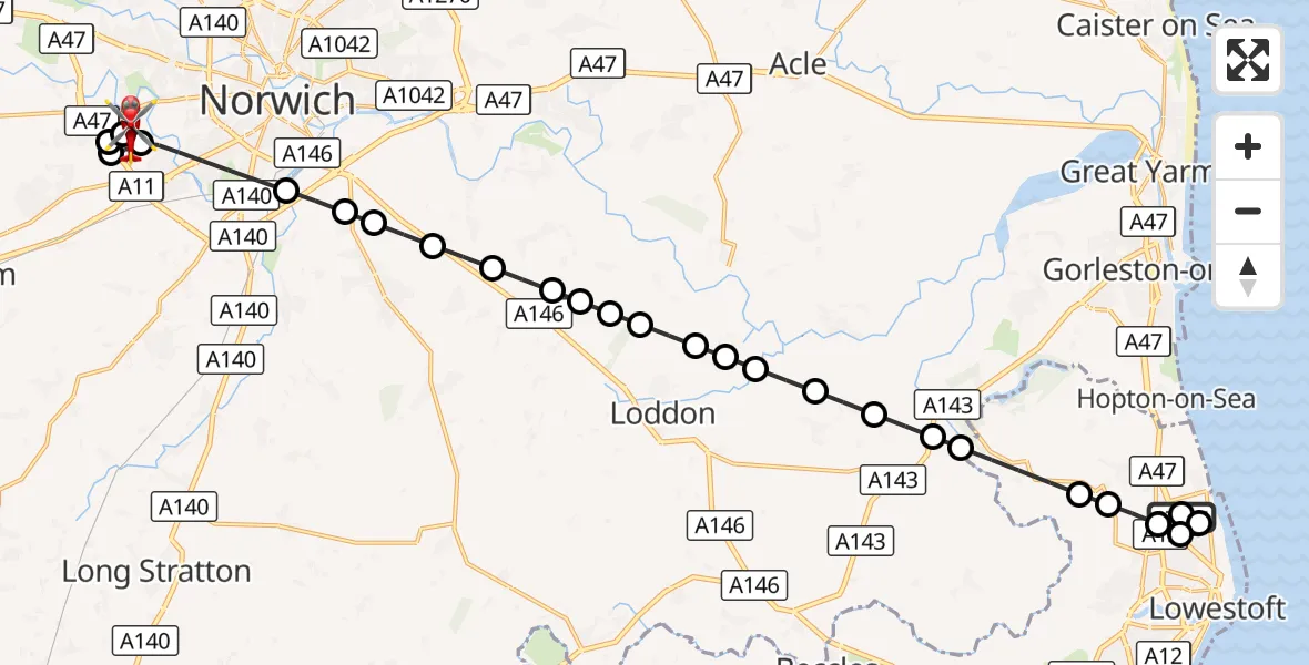 Flight route Air Ambulance Helicopter Lowestoft - Norfolk & Norwich Hospital, 07 August 2026, 19:30