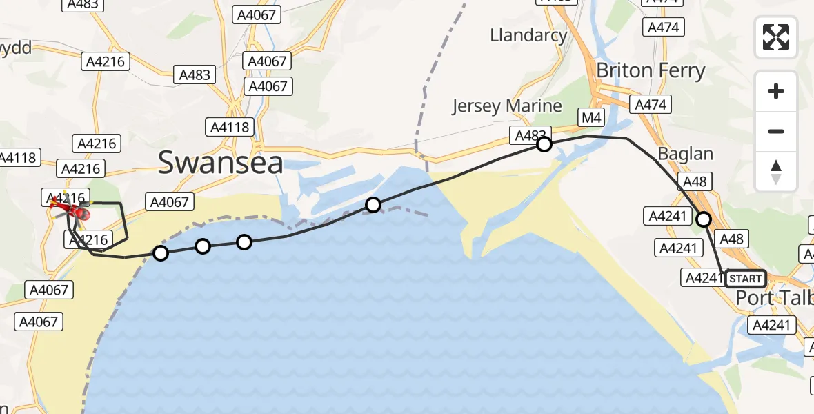Flight route Air Ambulance Helicopter Aberavon - Singleton, 07 August 2026, 19:41