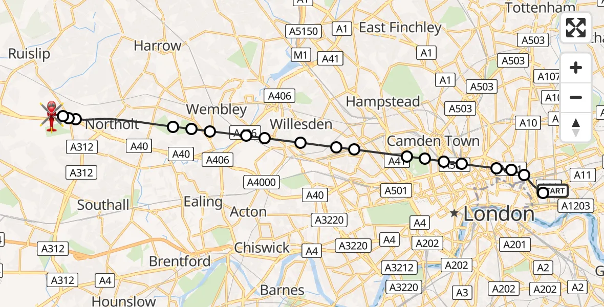Flight route Air Ambulance Helicopter Royal London Hospital - RAF Northolt, 07 August 2026, 19:43