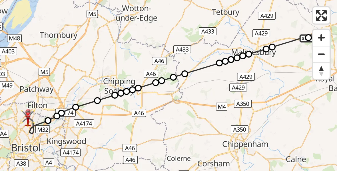 Flight route Air Ambulance Helicopter Hankerton - Bristol, 07 August 2026, 19:45