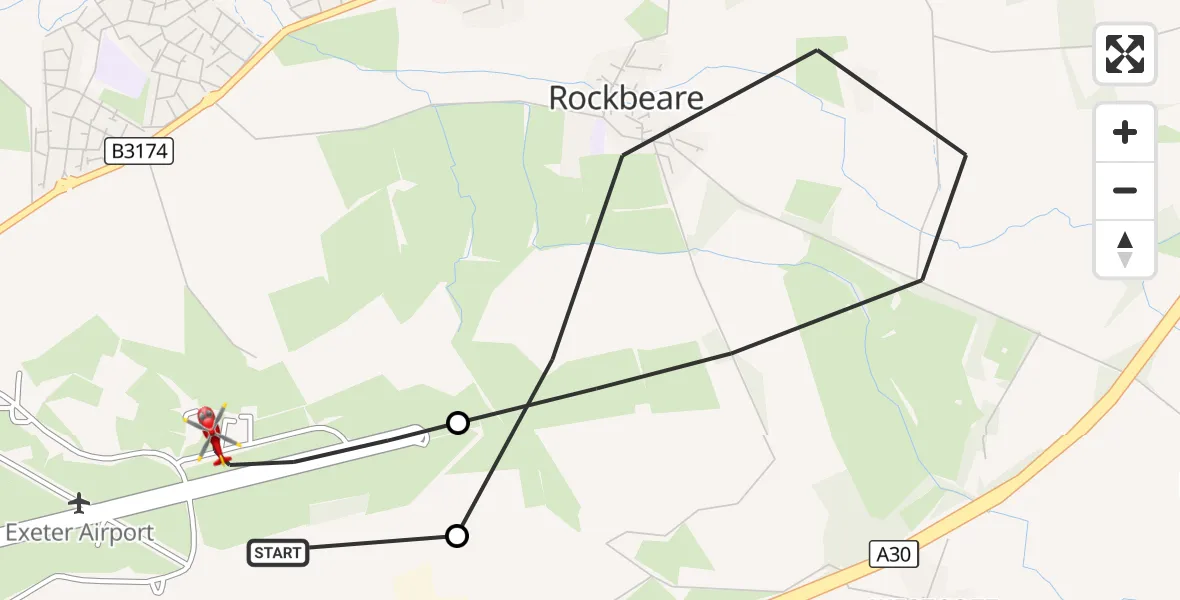 Flight route Air Ambulance Helicopter Exeter International Airport - Exeter International Airport, 07 August 2026, 20:00
