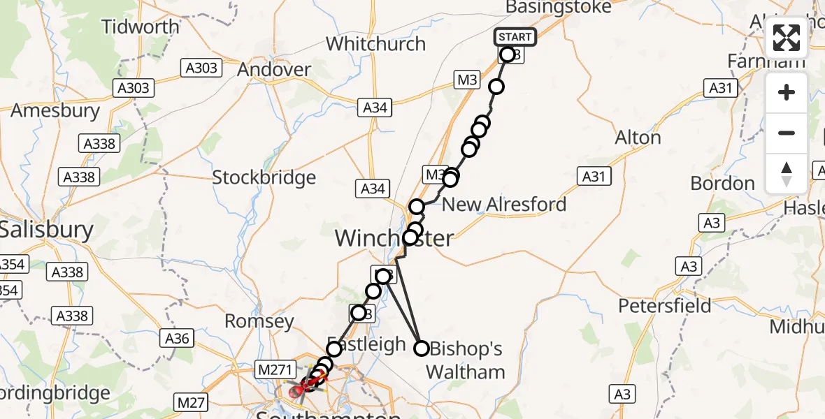Flight route Air Ambulance Helicopter Basingstoke - University Hospital Southampton, 07 August 2026, 20:00