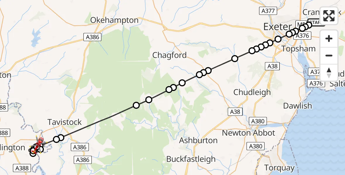 Flight route Air Ambulance Helicopter Exeter International Airport - Drakewalls, 07 August 2026, 20:08