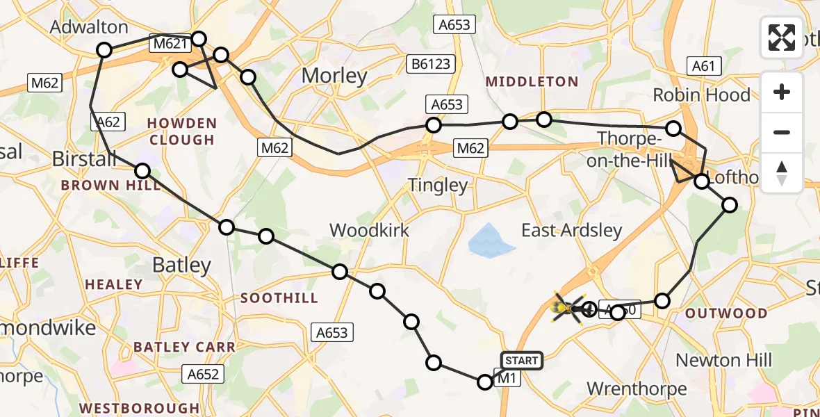 Flight route Police Helicopter Ossett - East Ardsley, 07 August 2026, 20:11