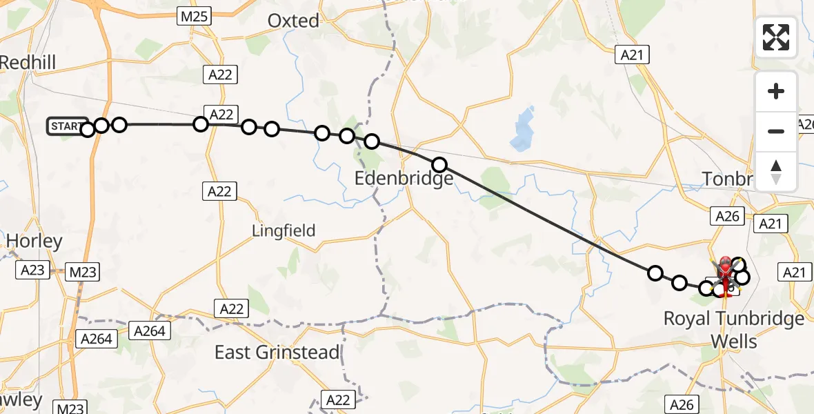Flight route Air Ambulance Helicopter Redhill Aerodrome - Southborough, 07 August 2026, 20:20