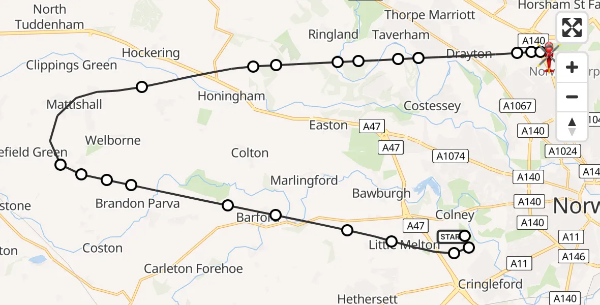 Flight route Air Ambulance Helicopter Norfolk & Norwich Hospital - Norwich Airport, 07 August 2026, 20:22