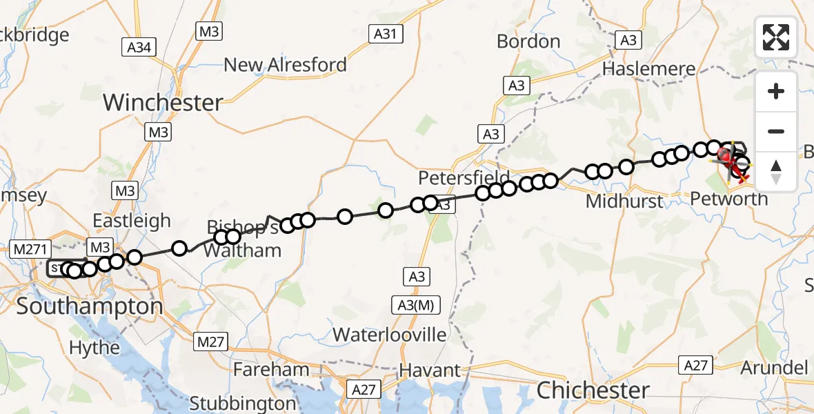 Flight route Air Ambulance Helicopter University Hospital Southampton - Petworth, 07 August 2026, 20:56