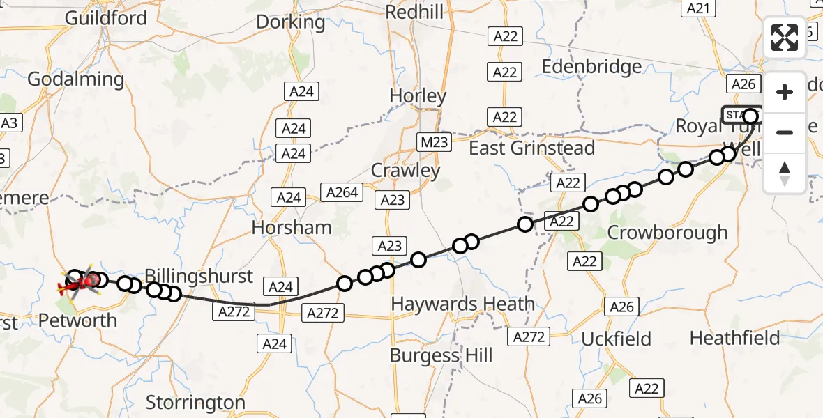 Flight route Air Ambulance Helicopter Southborough - Chichester, 07 August 2026, 21:12