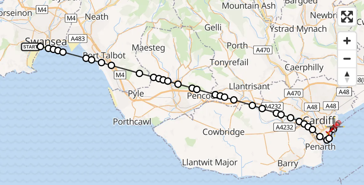 Flight route Air Ambulance Helicopter Singleton - Cardiff Heliport, 07 August 2026, 21:13
