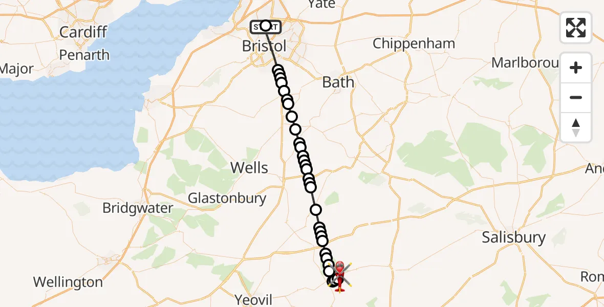 Flight route Air Ambulance Helicopter Southmead Hospital - Henstridge Airfield, 07 August 2026, 21:14
