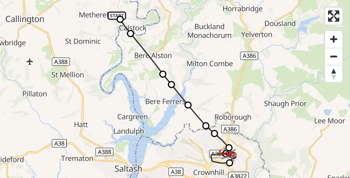 Flight route Air Ambulance Helicopter Drakewalls - Derriford Hospital, 07 August 2026, 21:15