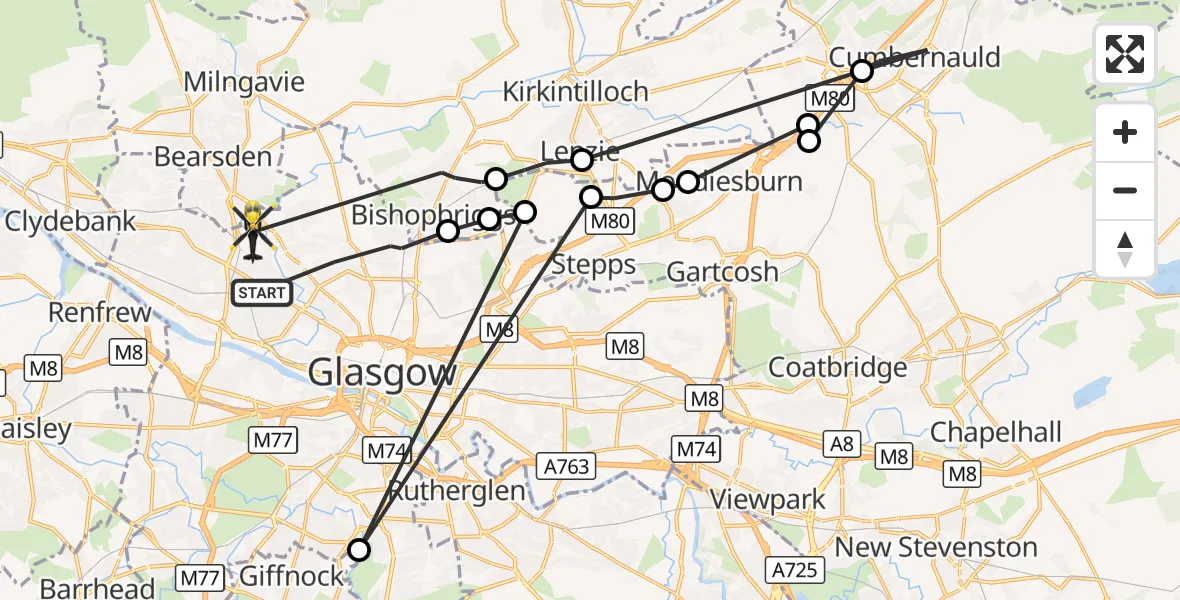 Flight route Police Helicopter Glasgow - Bearsden, 07 August 2026, 21:23