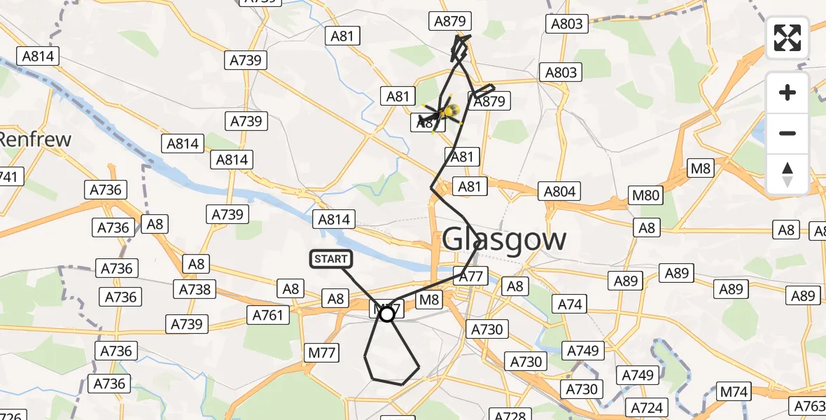 Flight route Police Helicopter Glasgow Seaplane Terminal - Glasgow, 07 August 2026, 21:52