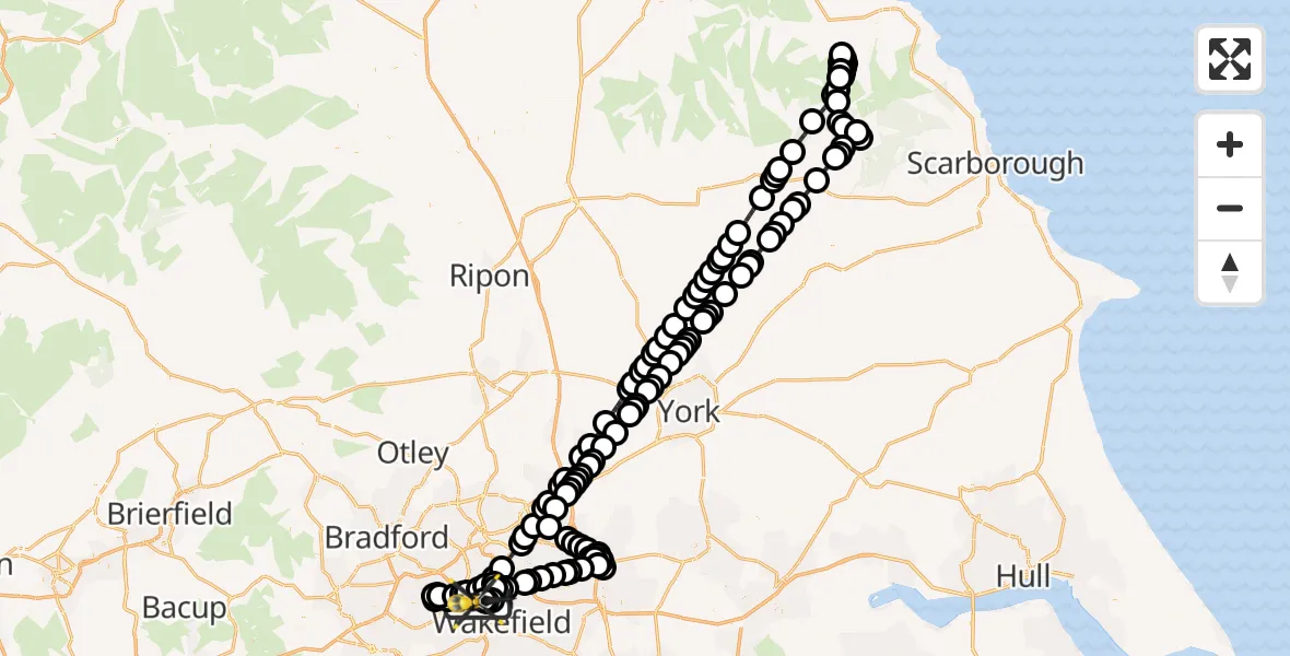 Flight route Police Helicopter East Ardsley - East Ardsley, 07 August 2026, 21:56