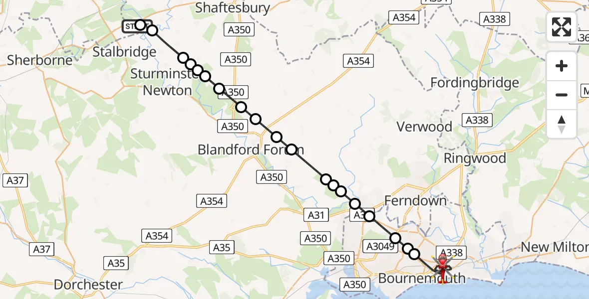 Flight route Air Ambulance Helicopter Henstridge Airfield - Bournemouth, 07 August 2026, 22:29