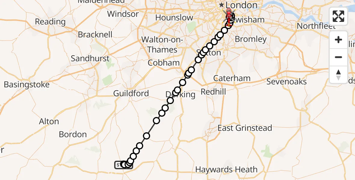 Flight route Air Ambulance Helicopter Petworth - Kings College London Hospital, 07 August 2026, 22:35