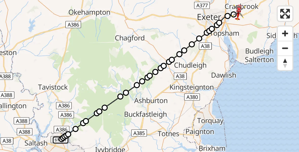 Flight route Air Ambulance Helicopter Derriford Hospital - Exeter International Airport, 07 August 2026, 22:41