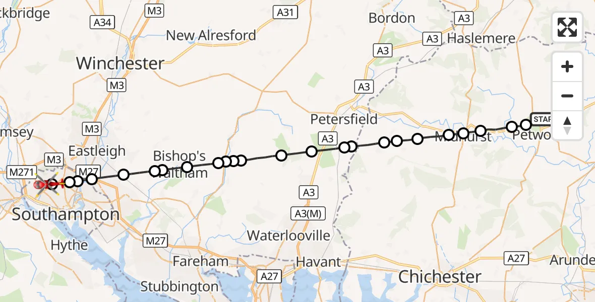 Flight route Air Ambulance Helicopter Petworth - Shirley Warren, 07 August 2026, 22:48