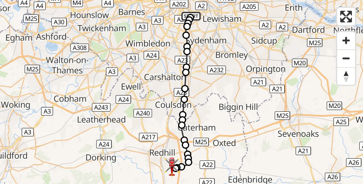 Flight route Air Ambulance Helicopter Kings College London Hospital - Redhill Aerodrome, 07 August 2026, 23:51