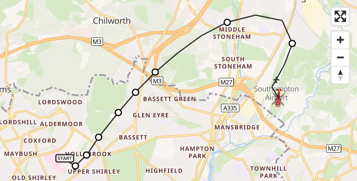 Flight route Air Ambulance Helicopter University Hospital Southampton - Southampton Airport, 08 August 2026, 00:25