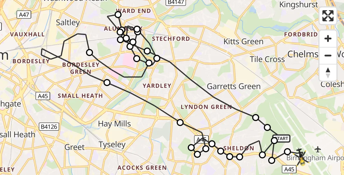 Flight route Police Helicopter Birmingham Airport - Birmingham Airport, 08 August 2026, 00:29
