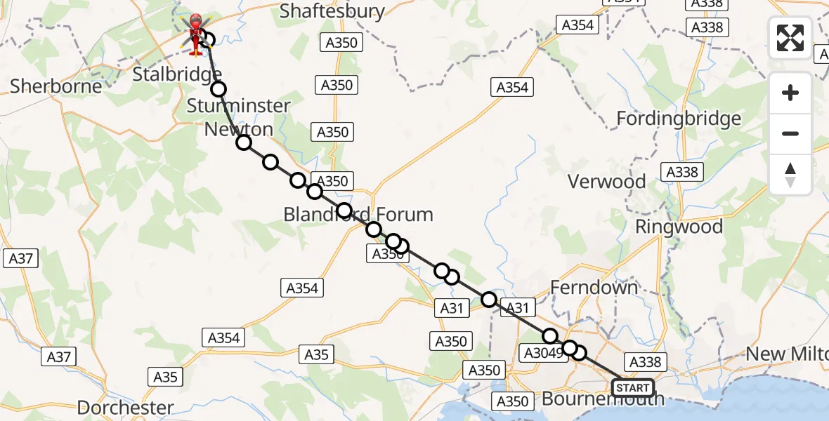 Flight route Air Ambulance Helicopter Bournemouth - Henstridge Airfield, 08 August 2026, 00:32